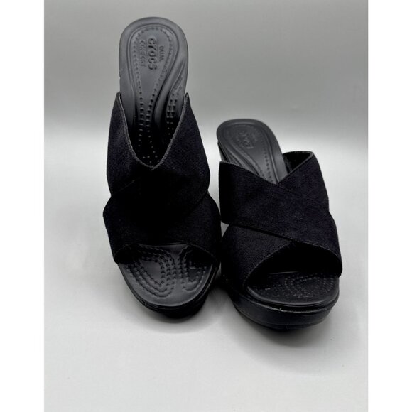 Crocs Leigh II Black Cross-Strap Wedge  Sandals Women's size 10 #204949 - Picture 1 of 6